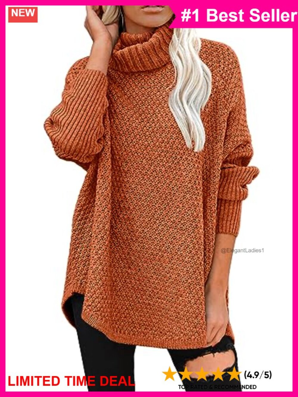Oversized Turtleneck Long Sleeve Knit Tunic Sweater Pullover